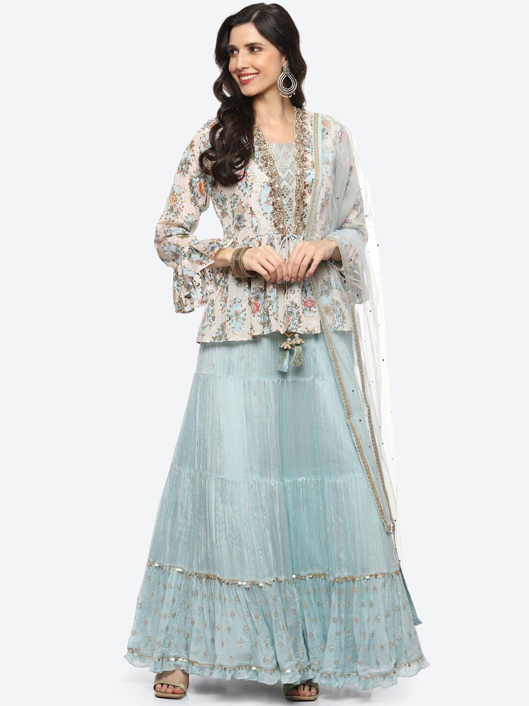 meena bazaar blue & white ready to wear lehenga & blouse with dupatta & with jacket