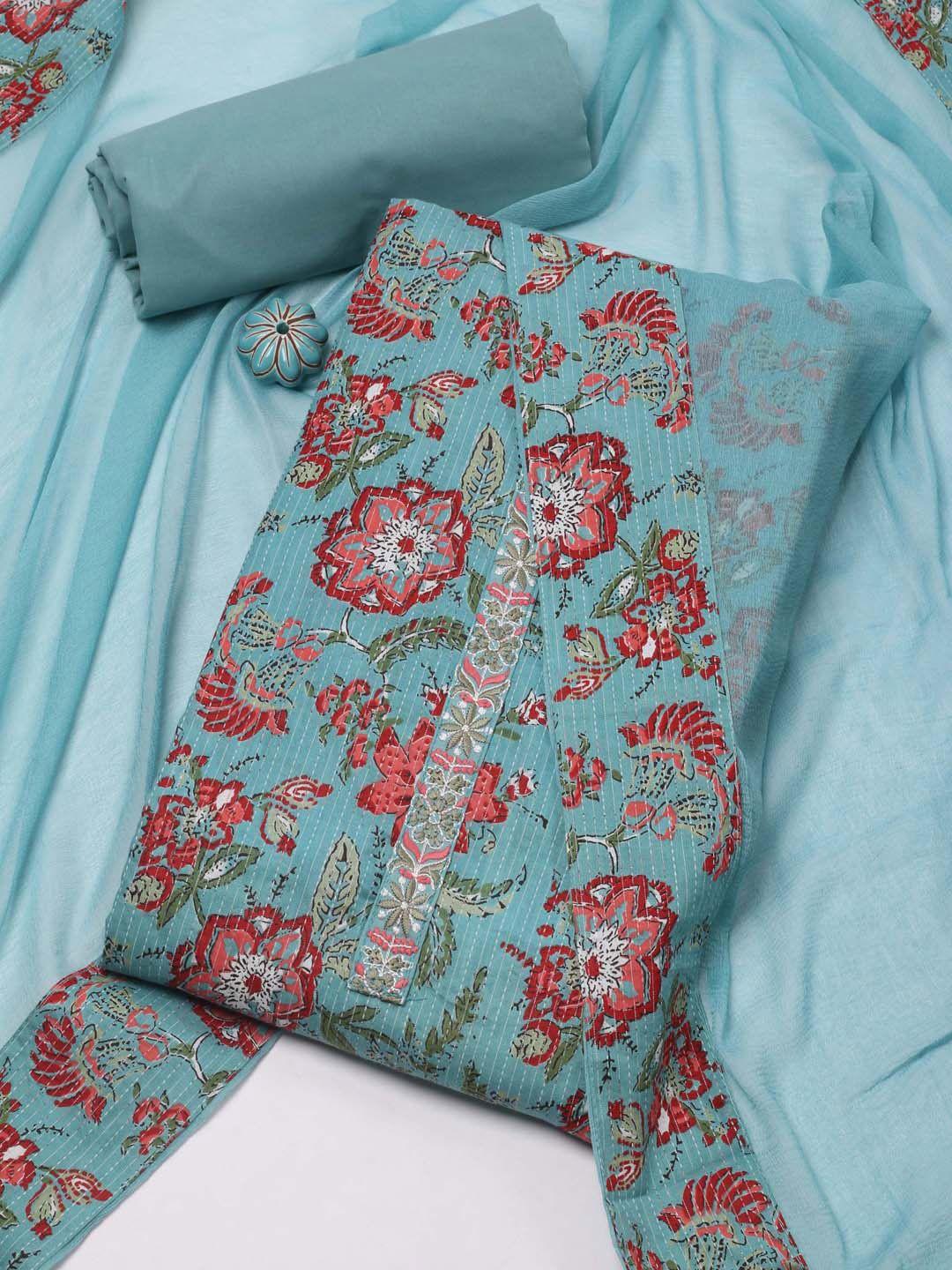meena bazaar blue printed unstitched dress material
