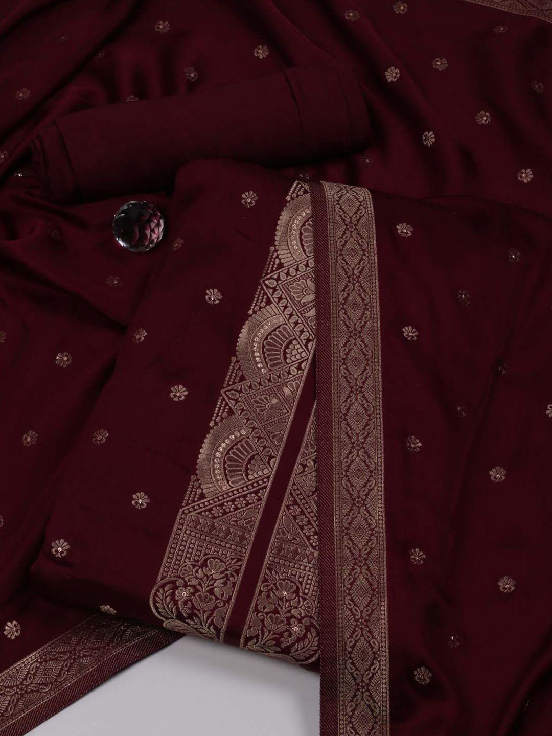 meena bazaar burgundy & gold-toned satin unstitched dress material