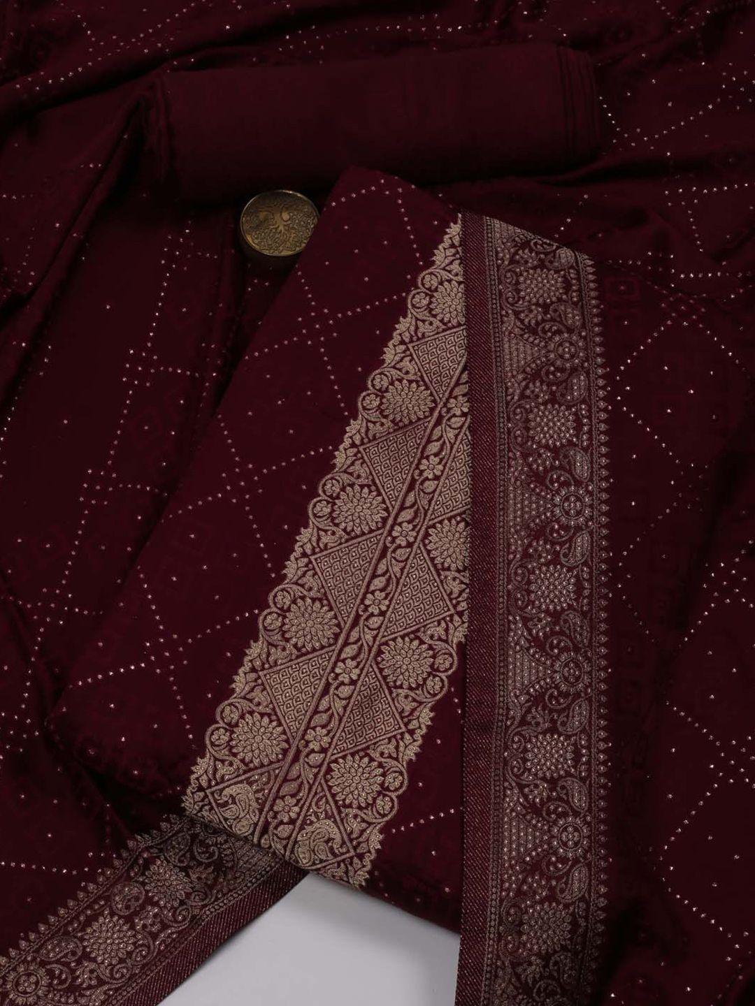 meena bazaar burgundy & gold-toned satin unstitched dress material