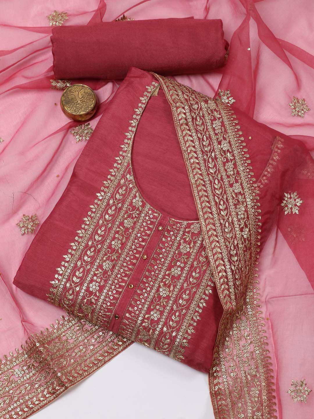 meena bazaar coral & pink embroidered art silk unstitched dress material