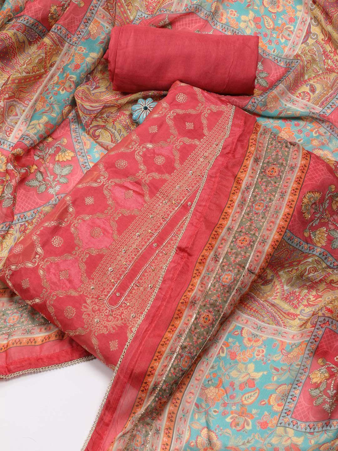 meena bazaar coral art silk unstitched dress material