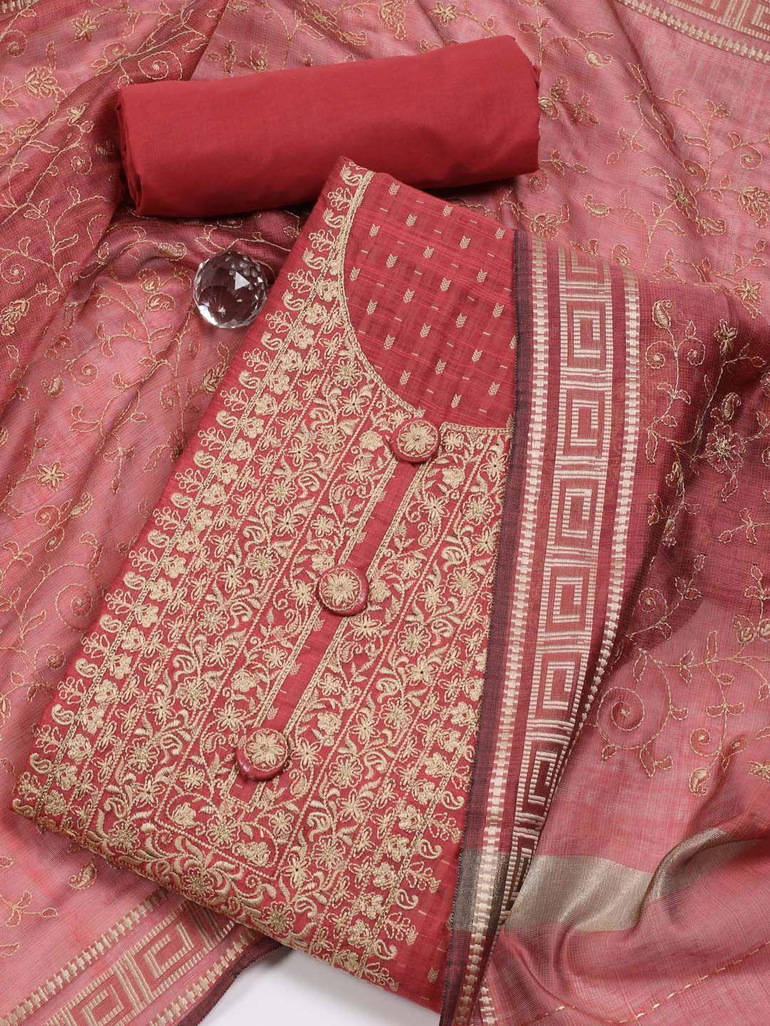meena bazaar coral embroidered art silk unstitched dress material