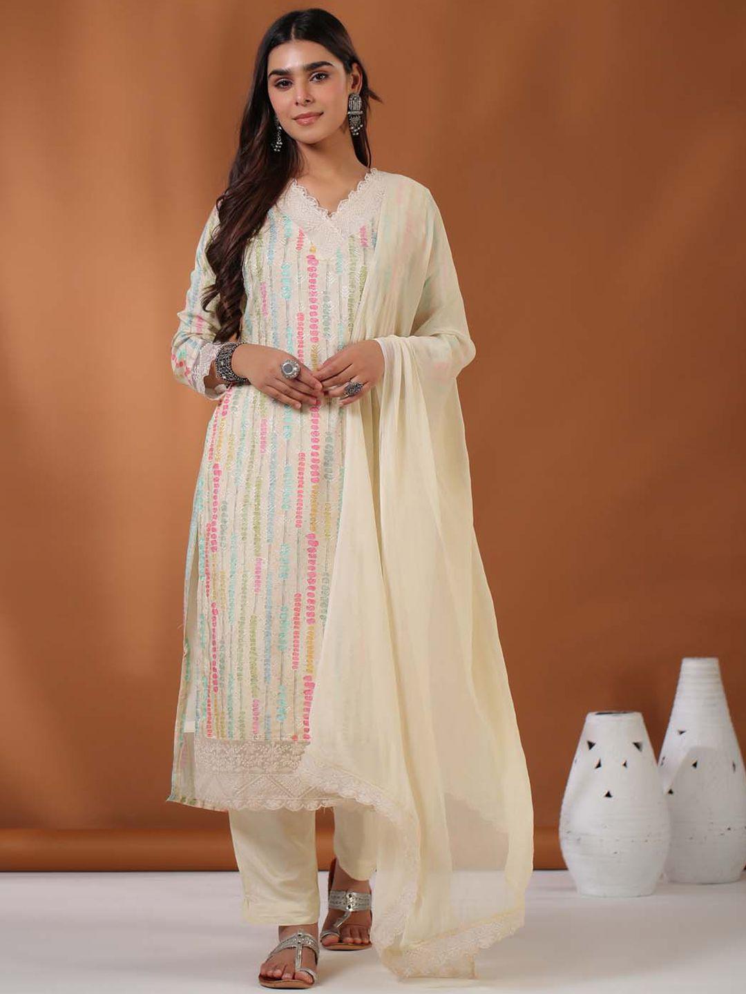 meena bazaar dyed embroidered v- neck straight kurta with trousers & with dupatta