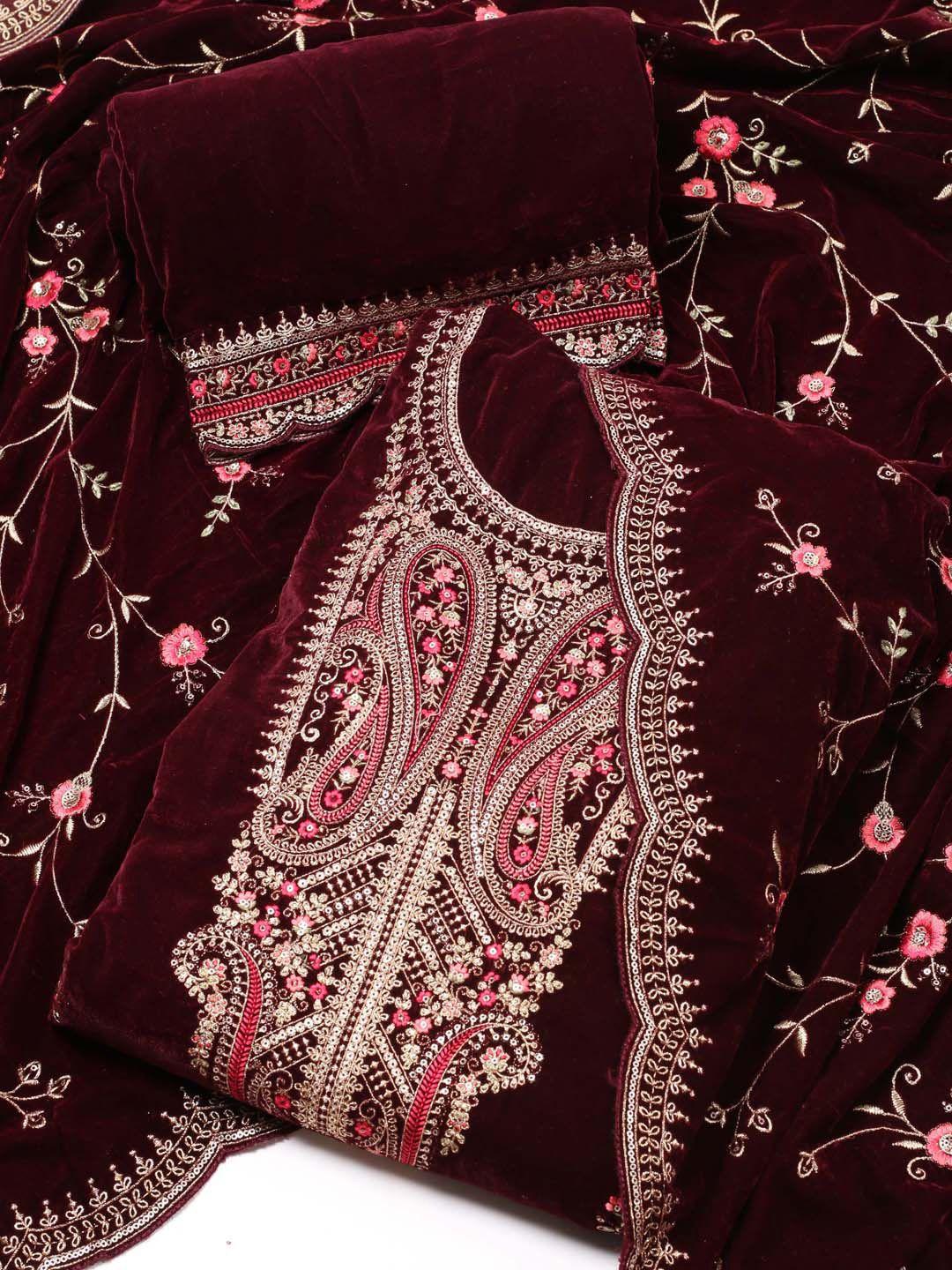 meena bazaar embroidered velvet unstitched dress material