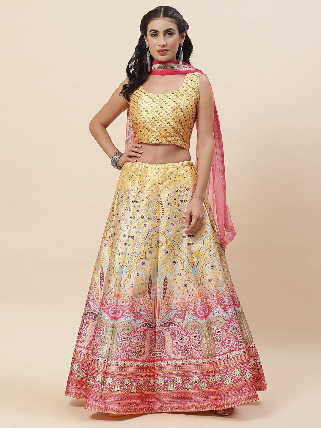 meena bazaar ethnic motif printed mirror work ready to wear lehenga & blouse with dupatta