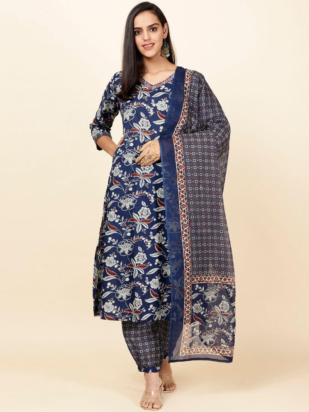 meena bazaar ethnic motif printed v-neck straight kurta with salwar & dupatta