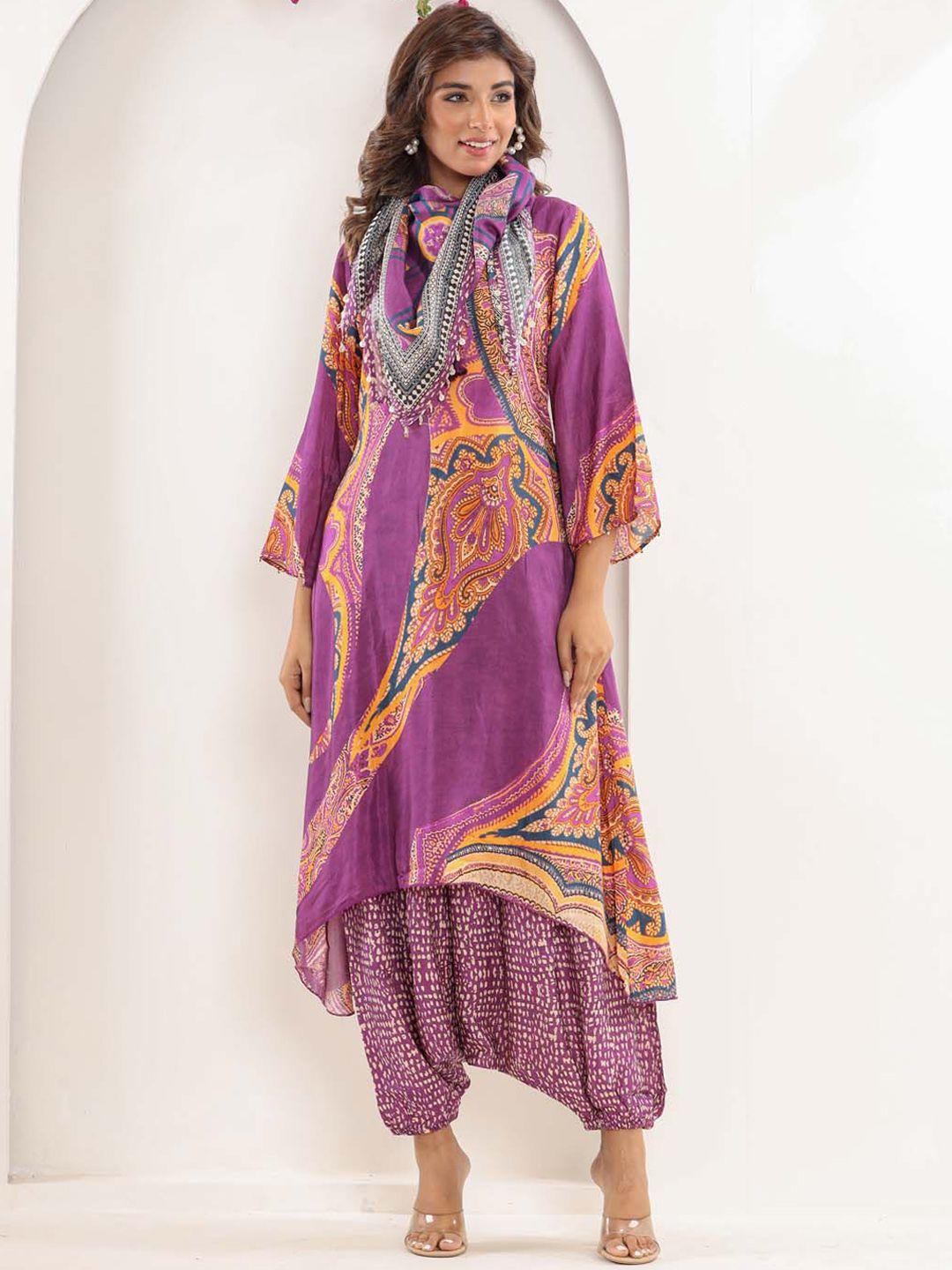 meena bazaar ethnic motifs a-line printed regular kurta with harem pants & with dupatta
