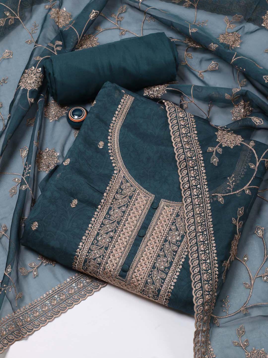 meena bazaar ethnic motifs embroidered organza unstitched dress material