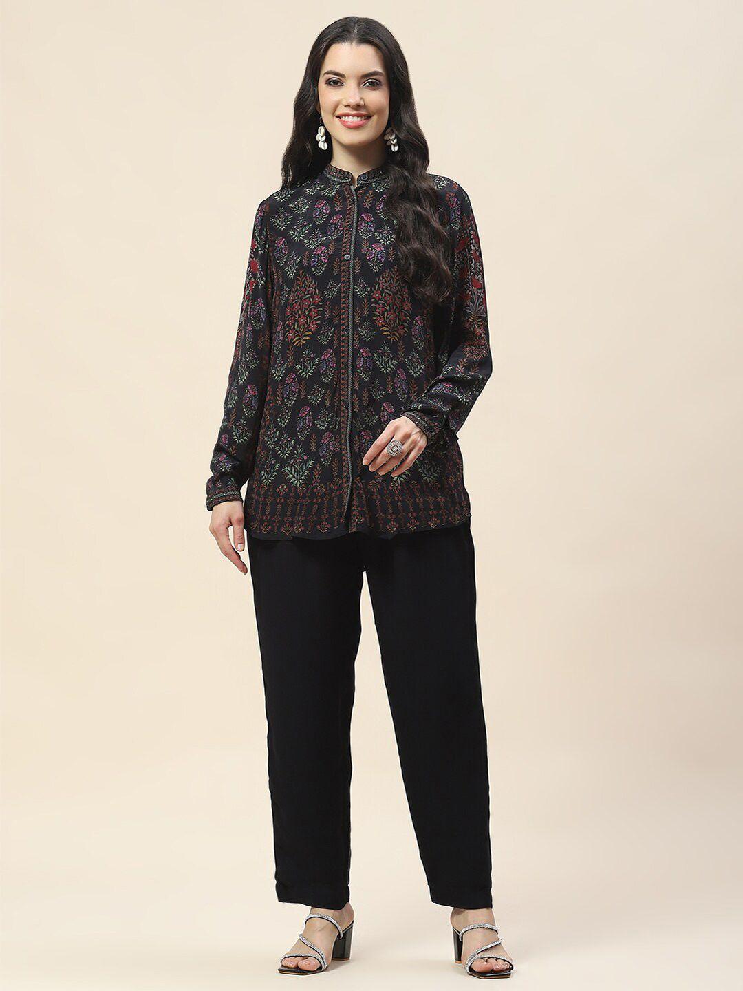 meena bazaar ethnic motifs long printed sleeves mandarin collar a-line crepe kurta