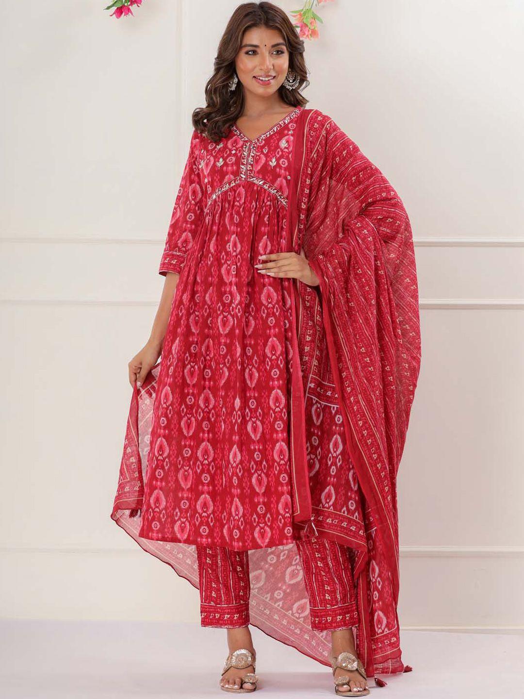 meena bazaar ethnic motifs printed empire mirror work kurta & trousers with dupatta