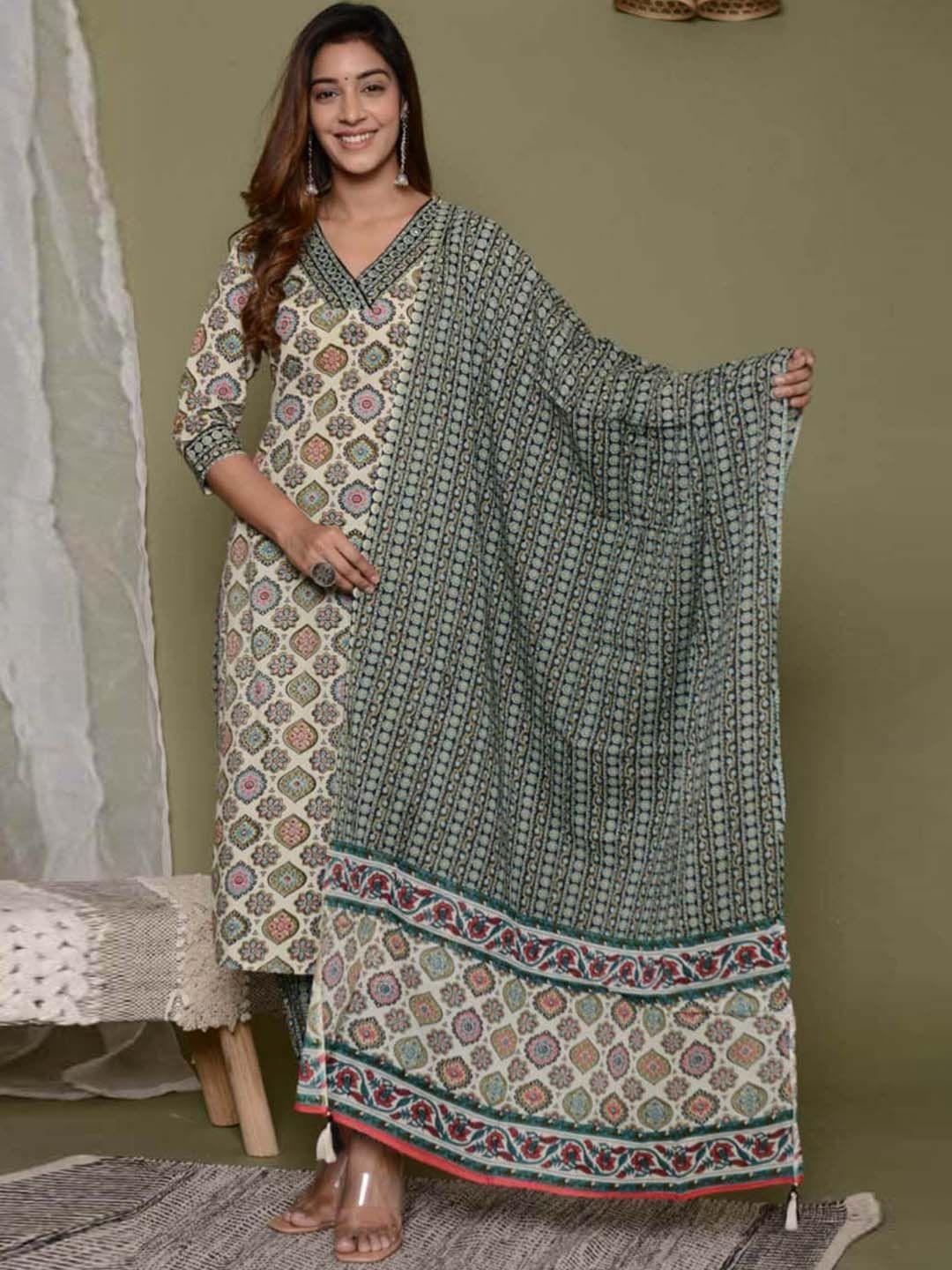 meena bazaar ethnic motifs printed kurta with trousers & dupatta