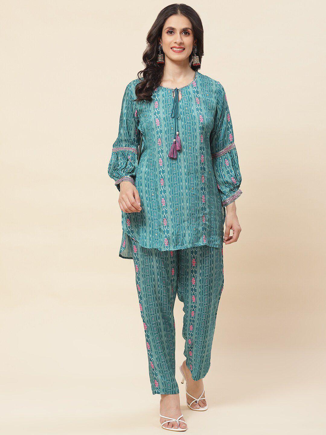 meena bazaar ethnic motifs printed mirror work kurti with trousers