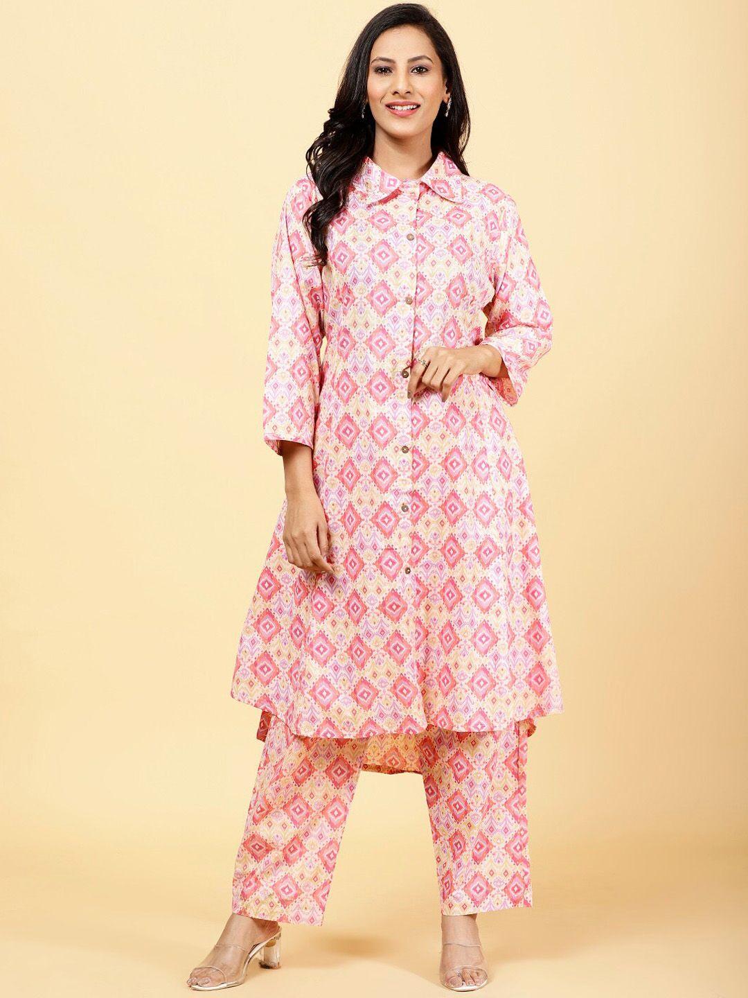 meena bazaar ethnic motifs printed pure cotton shirt collar kurta with trousers