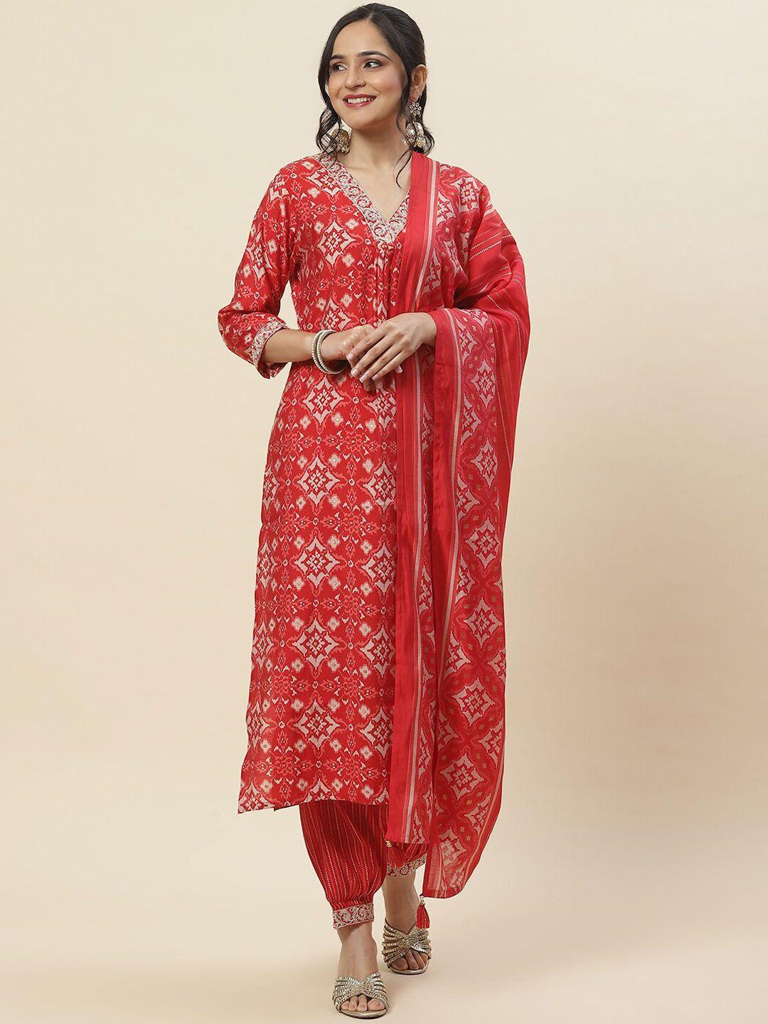 meena bazaar ethnic motifs printed regular thread work kurta with salwar & with dupatta
