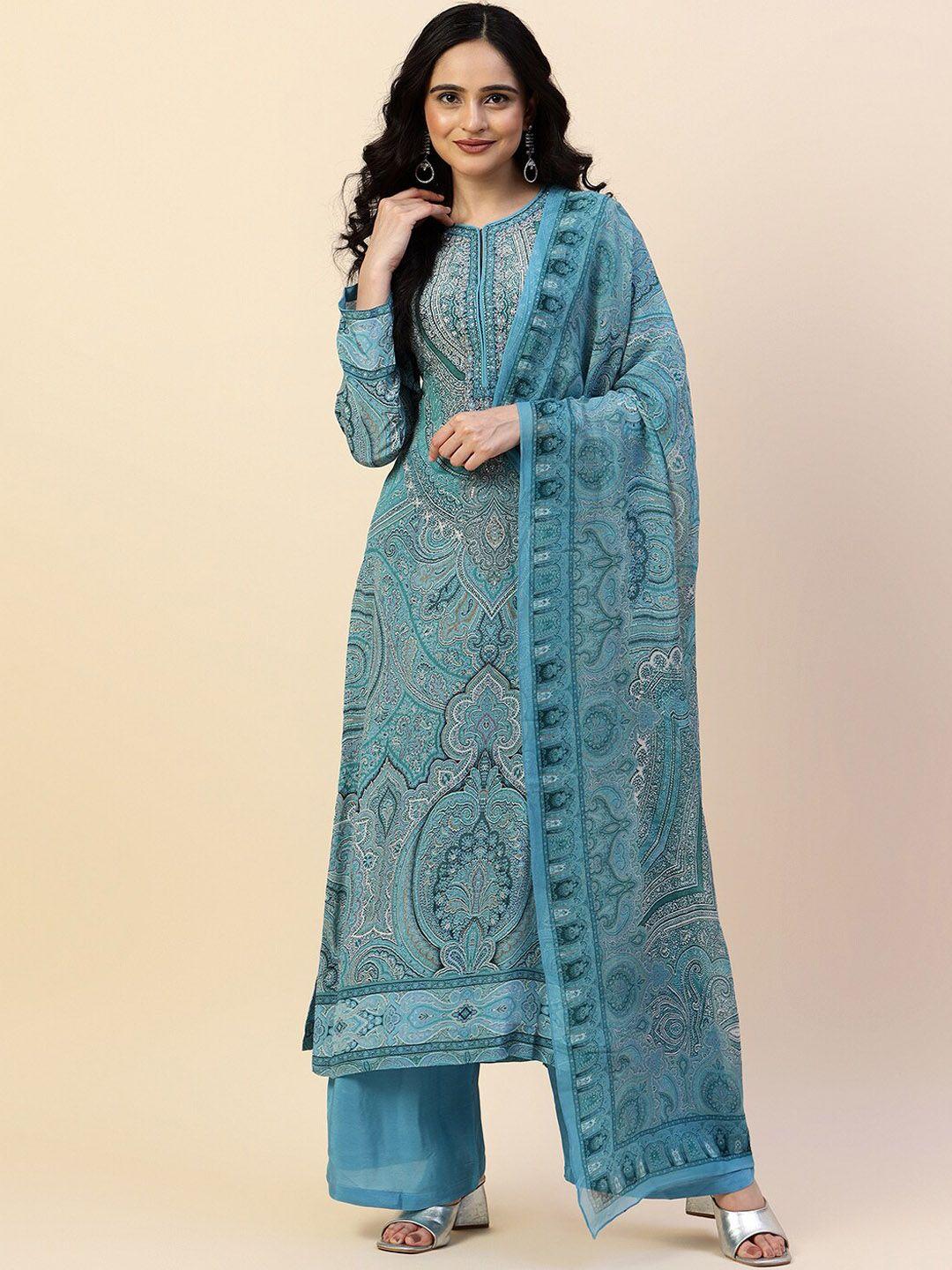 meena bazaar ethnic motifs printed sequined kurta with trousers & dupatta
