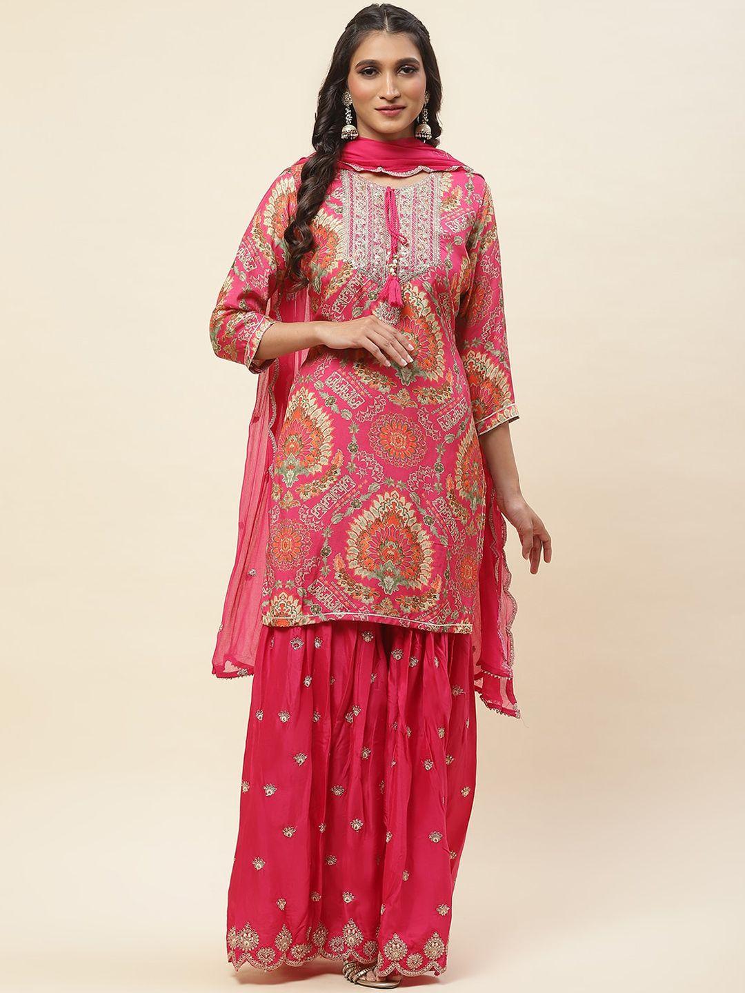 meena bazaar ethnic motifs printed sequined straight kurta & sharara with dupatta