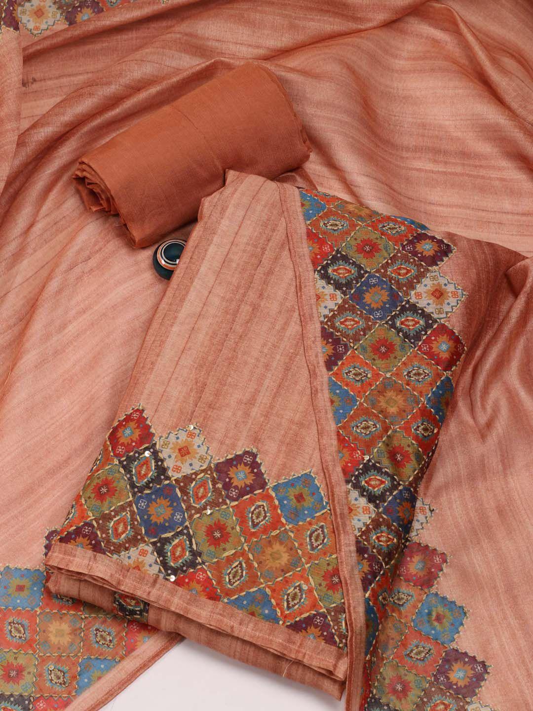 meena bazaar ethnic motifs printed sequinned art silk unstitched dress material