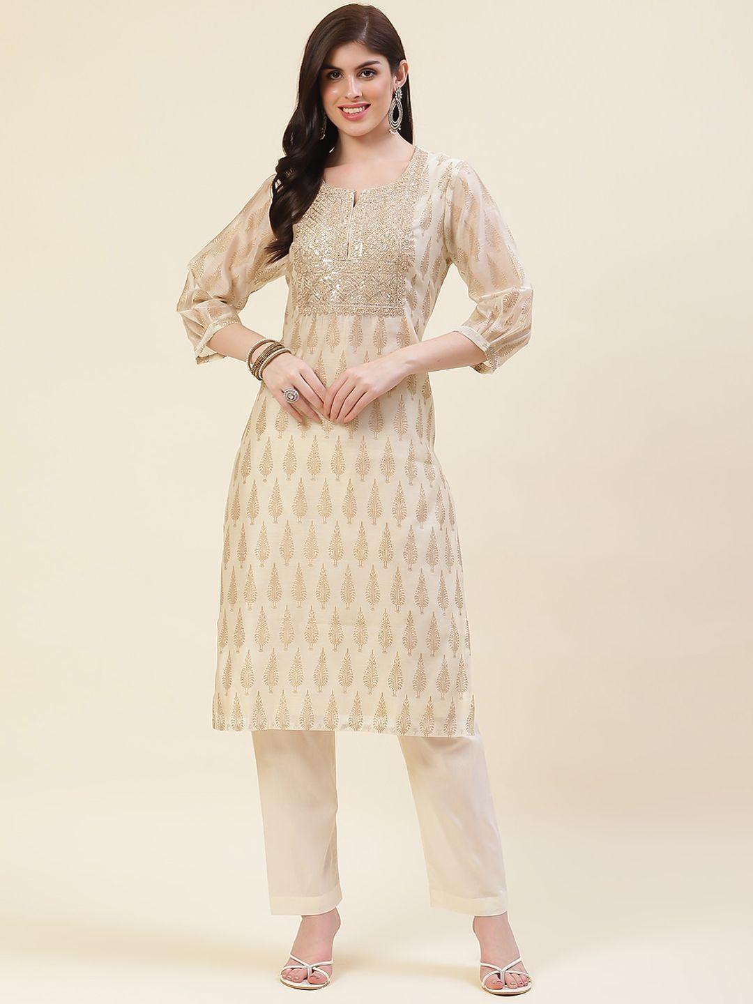 meena bazaar ethnic motifs printed sequinned straight kurta with trousers
