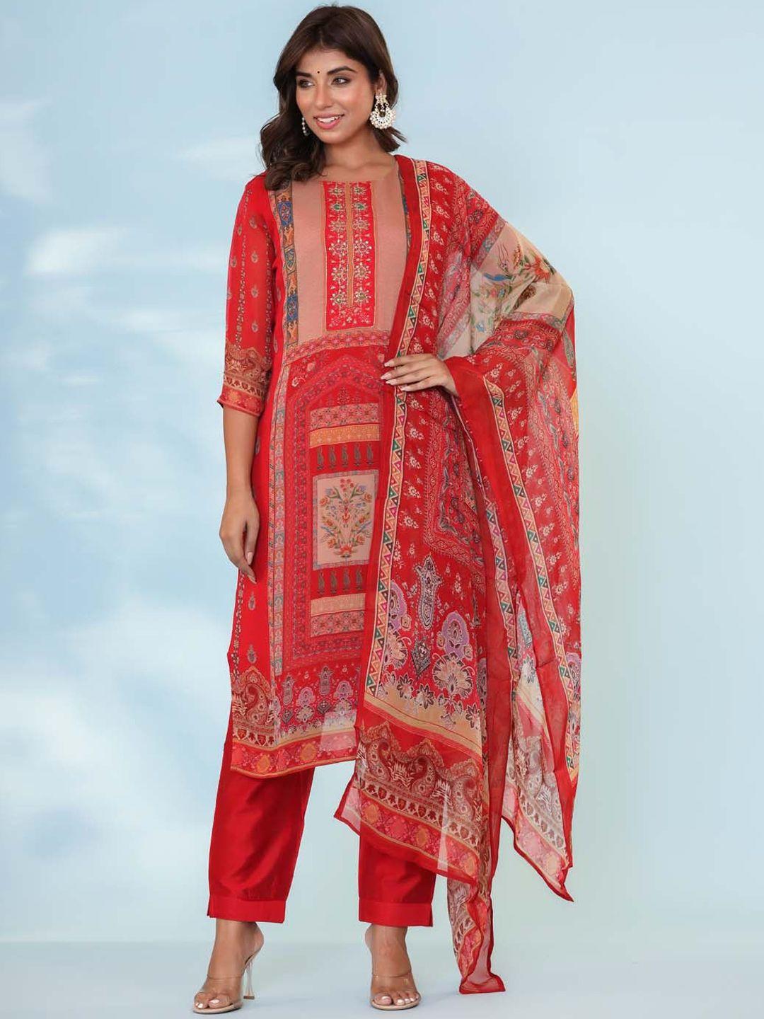 meena bazaar ethnic motifs printed straight kurta & trousers with dupatta