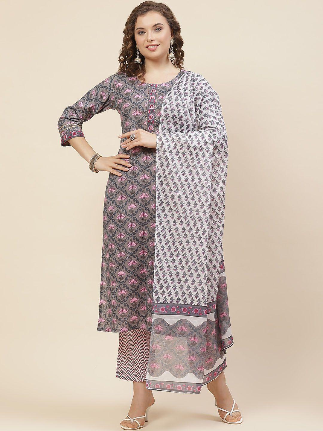 meena bazaar ethnic motifs printed straight kurta & trousers with dupatta