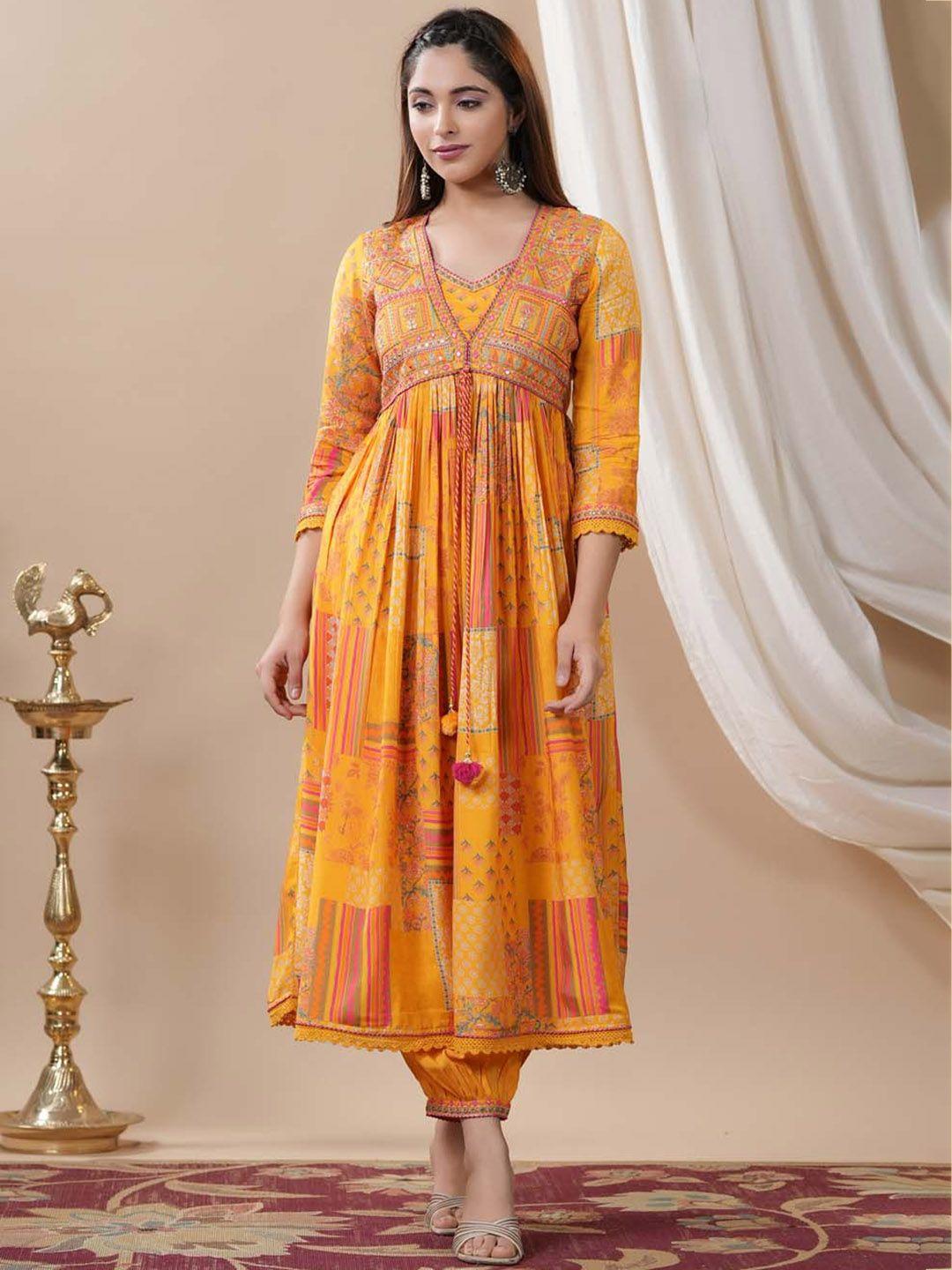 meena bazaar ethnic motifs printed thread work empire kurta with patiala & dupatta