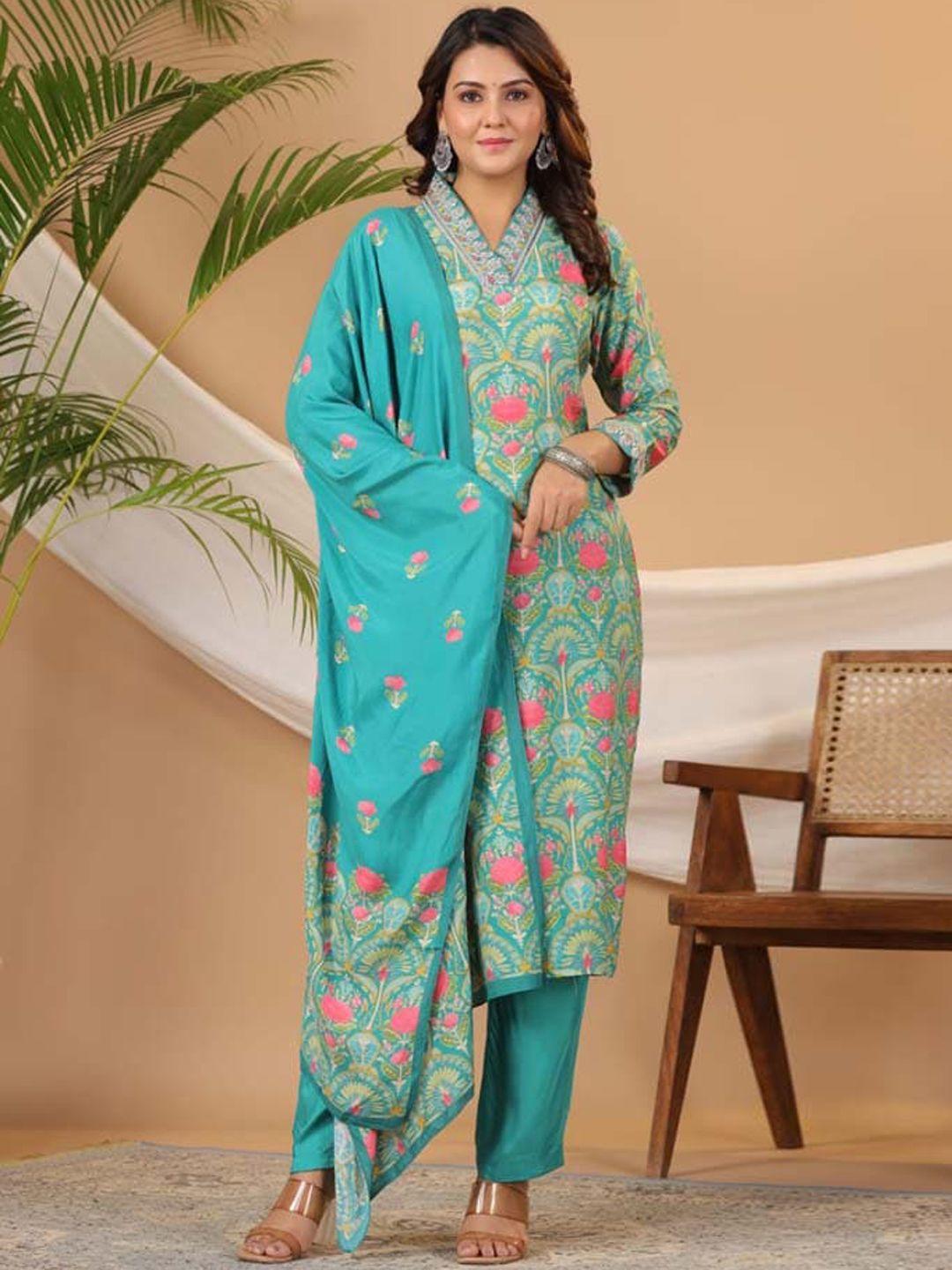 meena bazaar ethnic motifs printed thread work straight kurta & trousers with dupatta