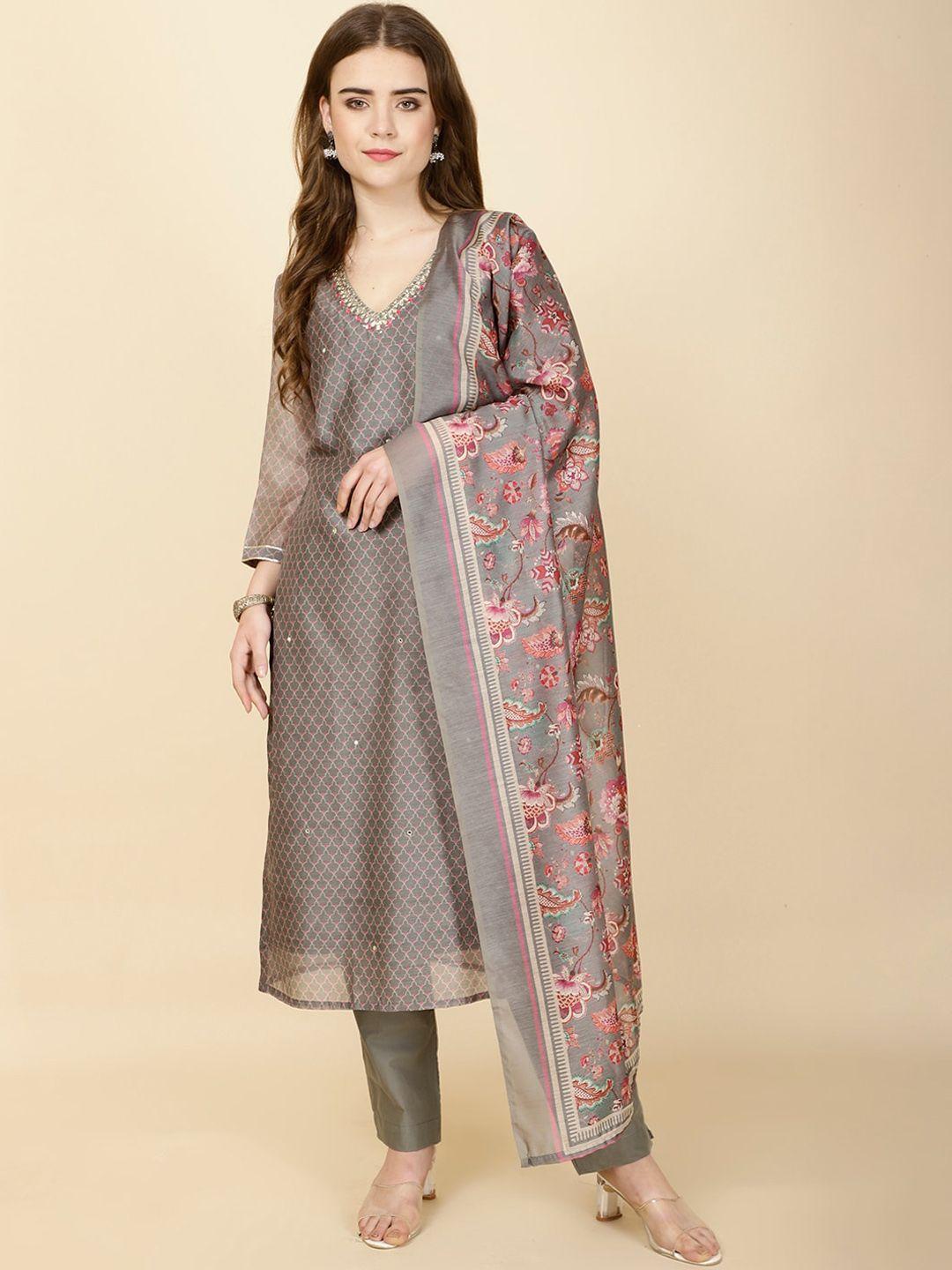 meena bazaar ethnic motifs printed thread work straight kurta with trousers & dupatta