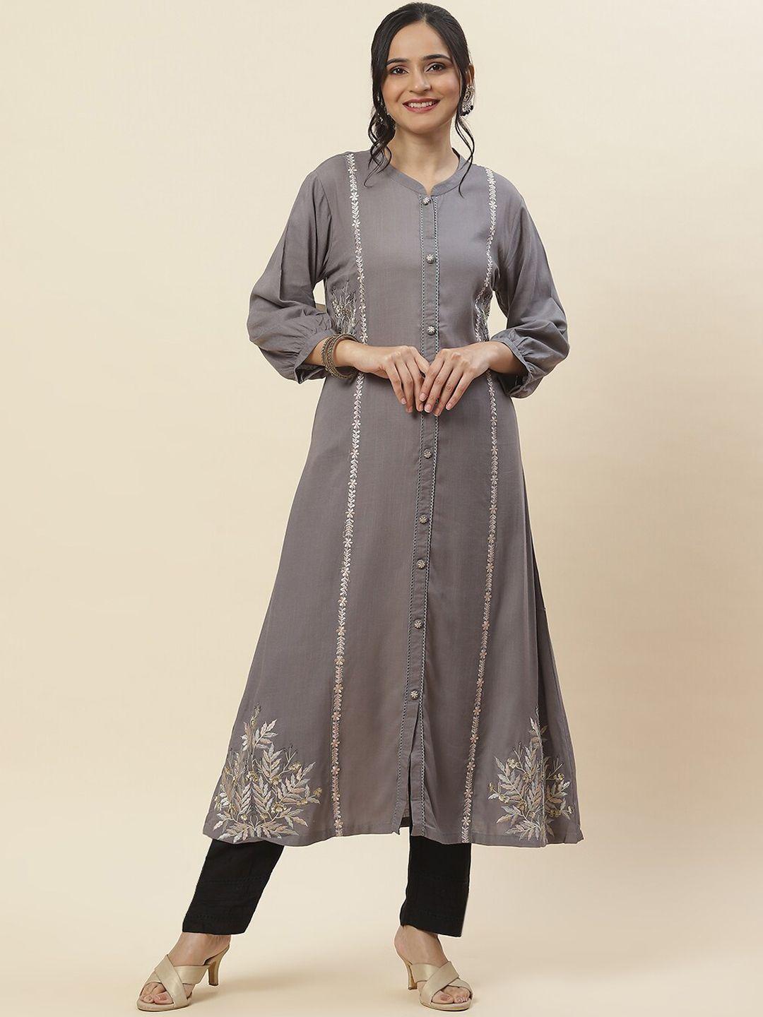 meena bazaar floral embroidered a-line cotton kurta