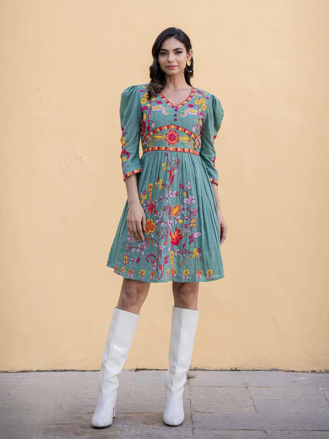 meena bazaar floral embroidered fit & flare dress