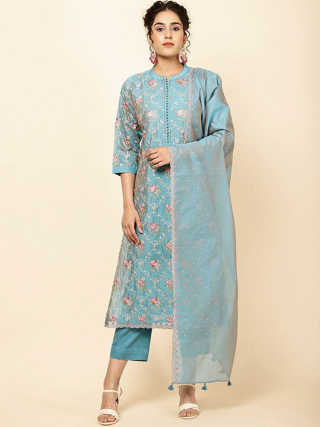 meena bazaar floral embroidered kurta with trousers & dupatta