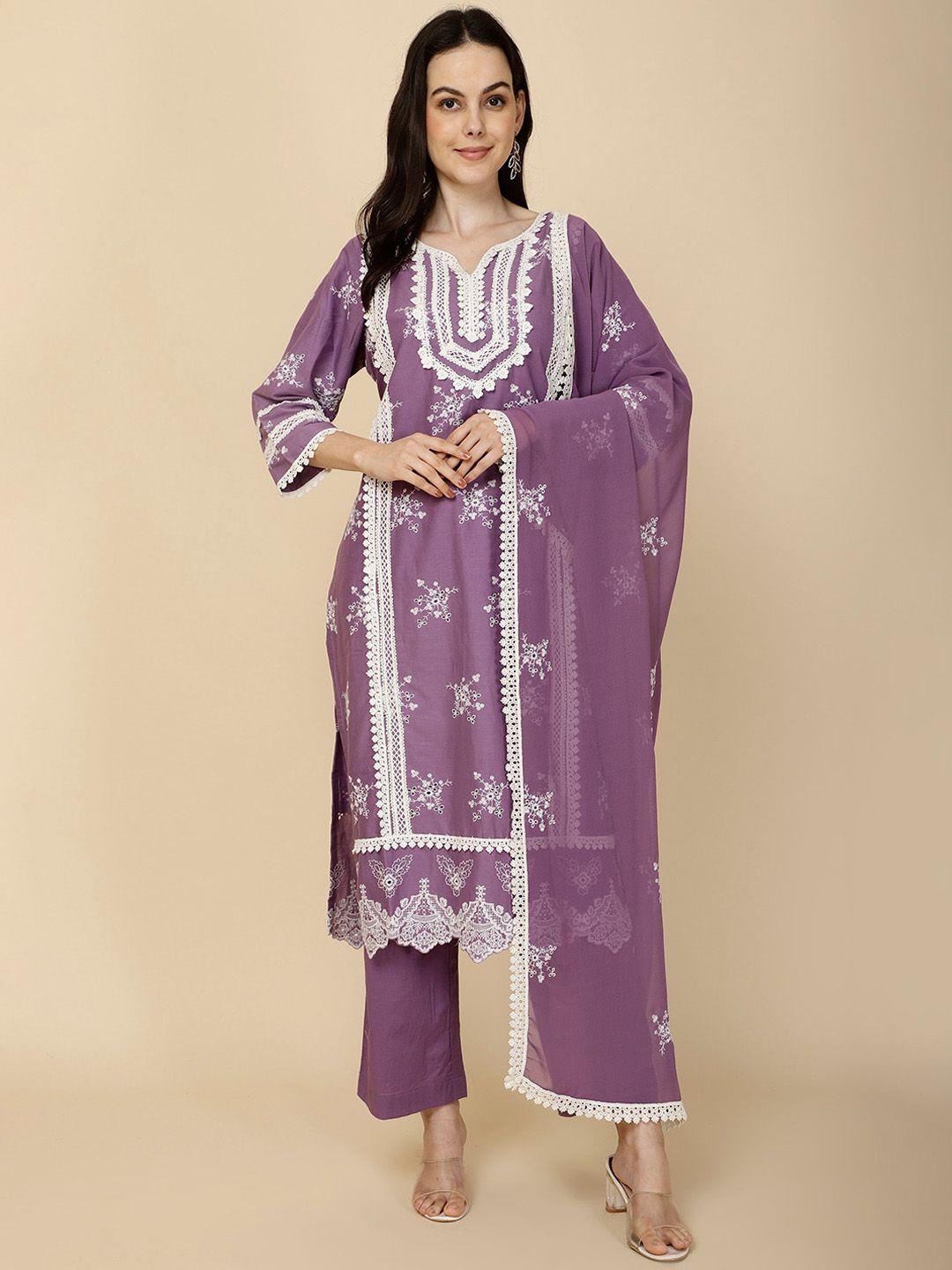 meena bazaar floral embroidered kurta with trousers & with dupatta