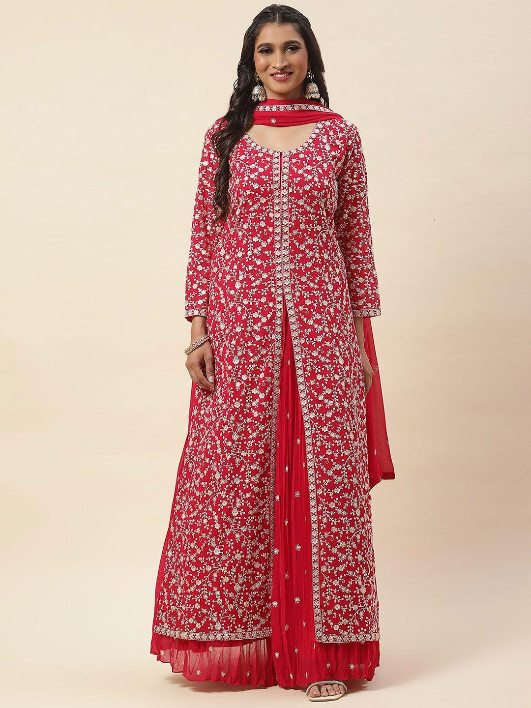 meena bazaar floral embroidered sequined a-line high slit kurta & skirt with dupatta