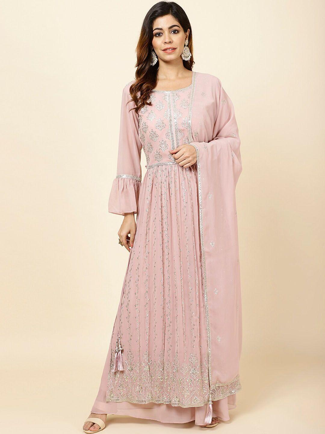 meena bazaar floral embroidered sequined straight kurta & palazzos with dupatta