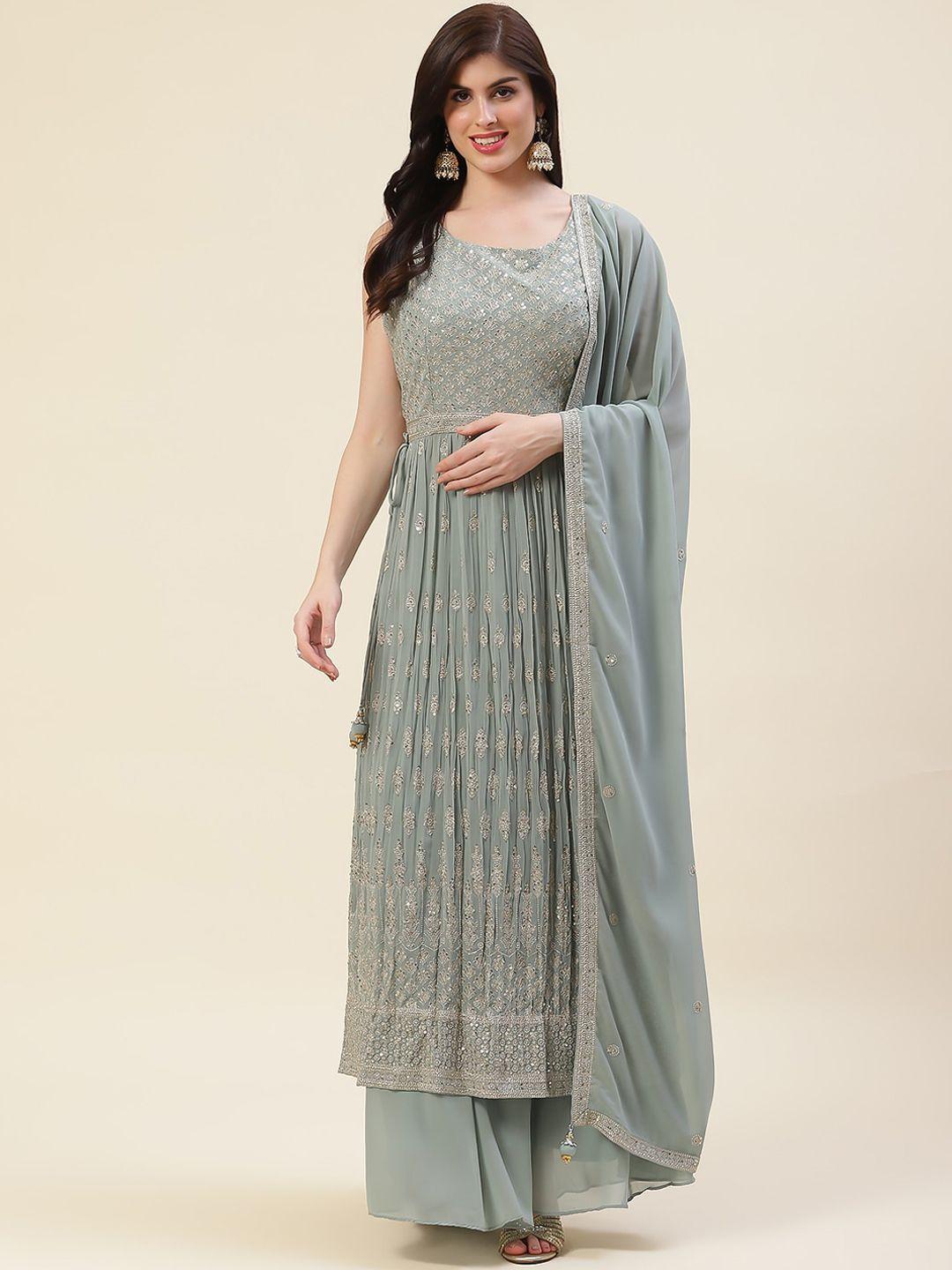 meena bazaar floral embroidered sequinned kurta & palazzo with dupatta