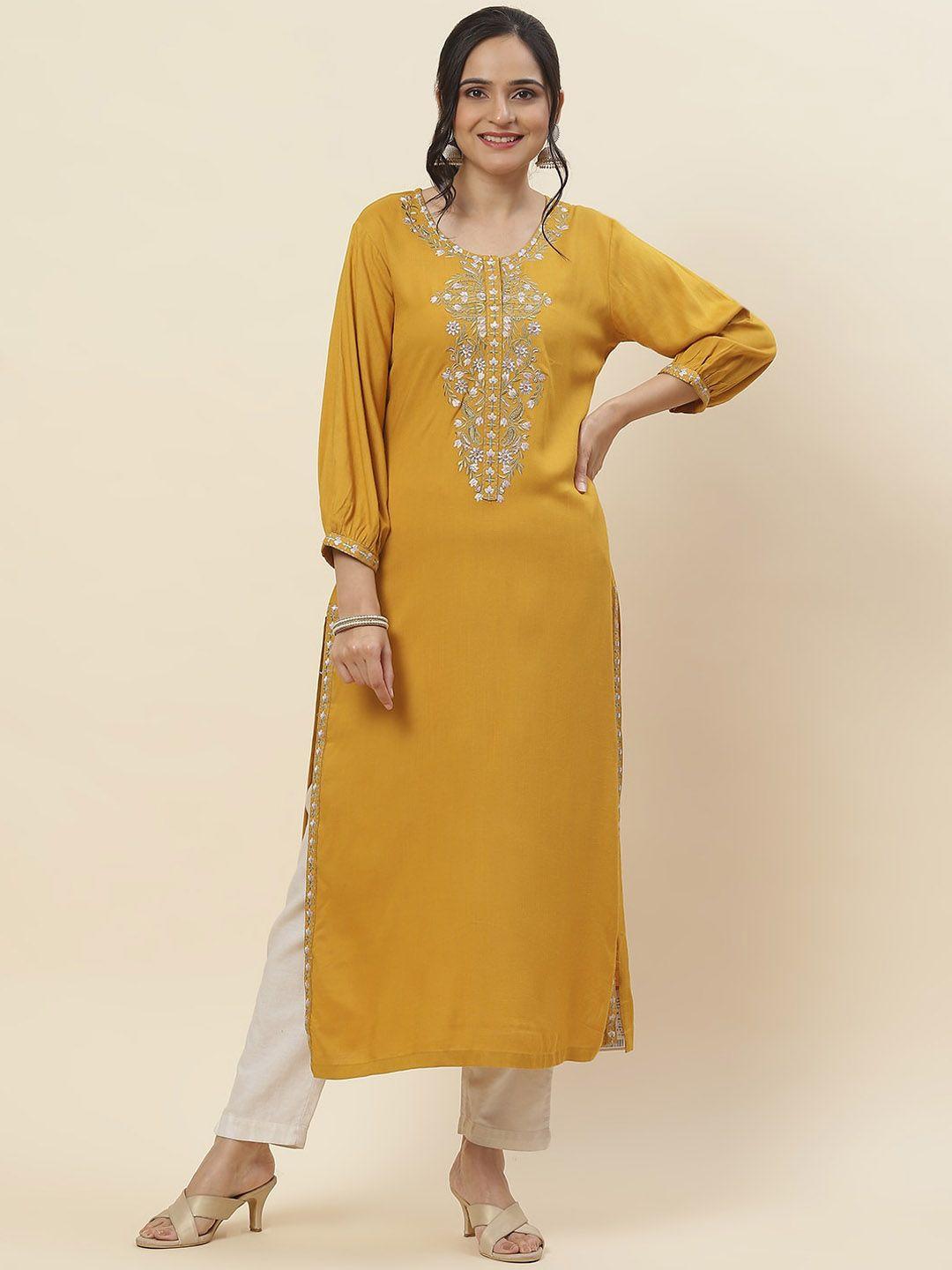 meena bazaar floral embroidered straight cotton kurta