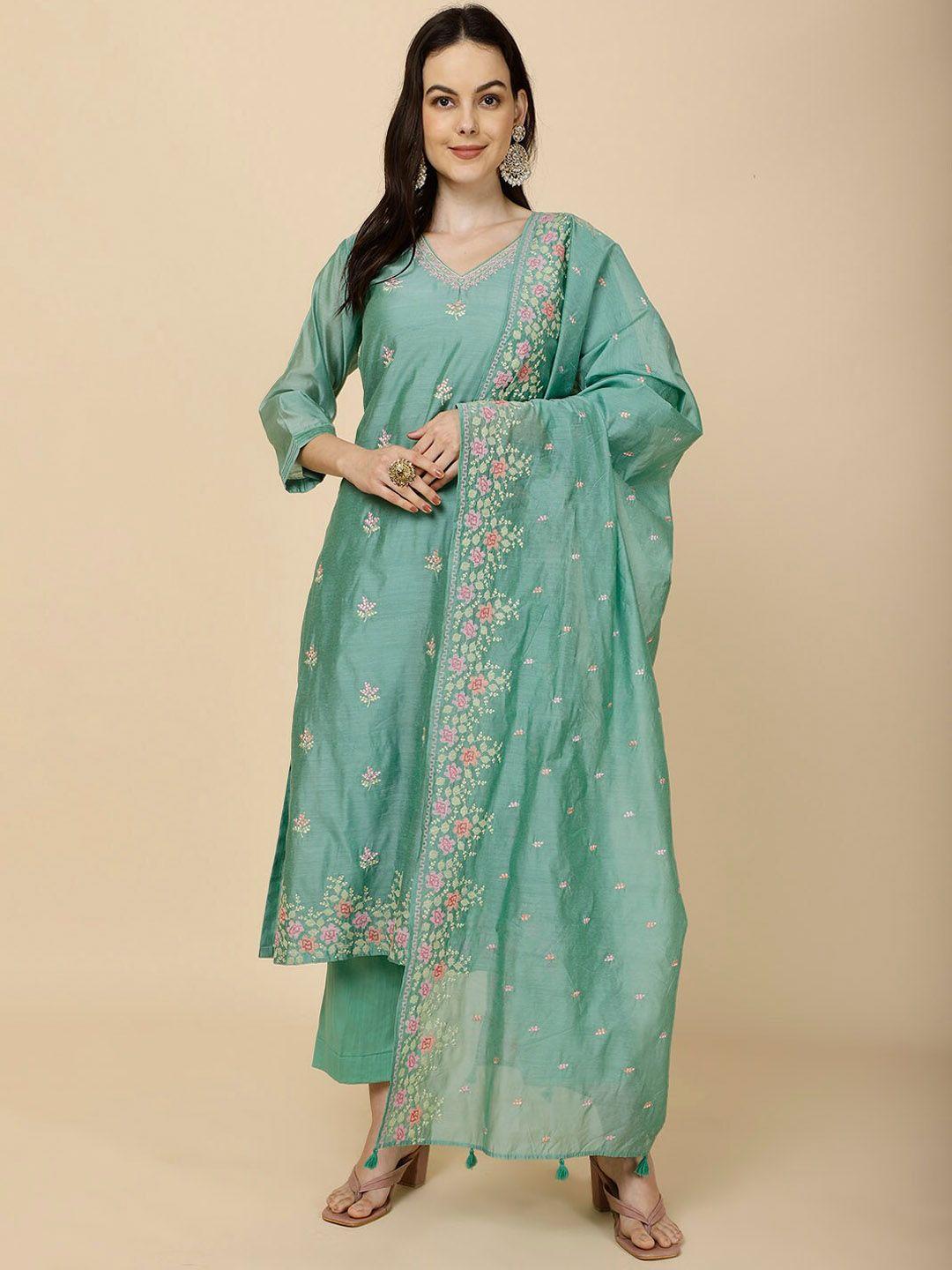 meena bazaar floral embroidered straight kurta with trousers & dupatta