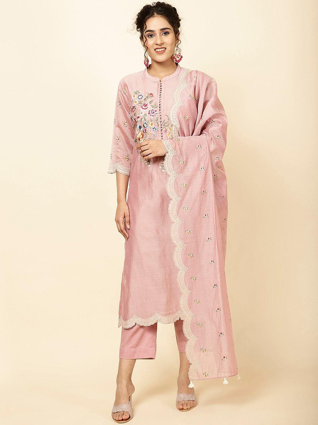 meena bazaar floral embroidered thread work kurta with trousers & dupatta