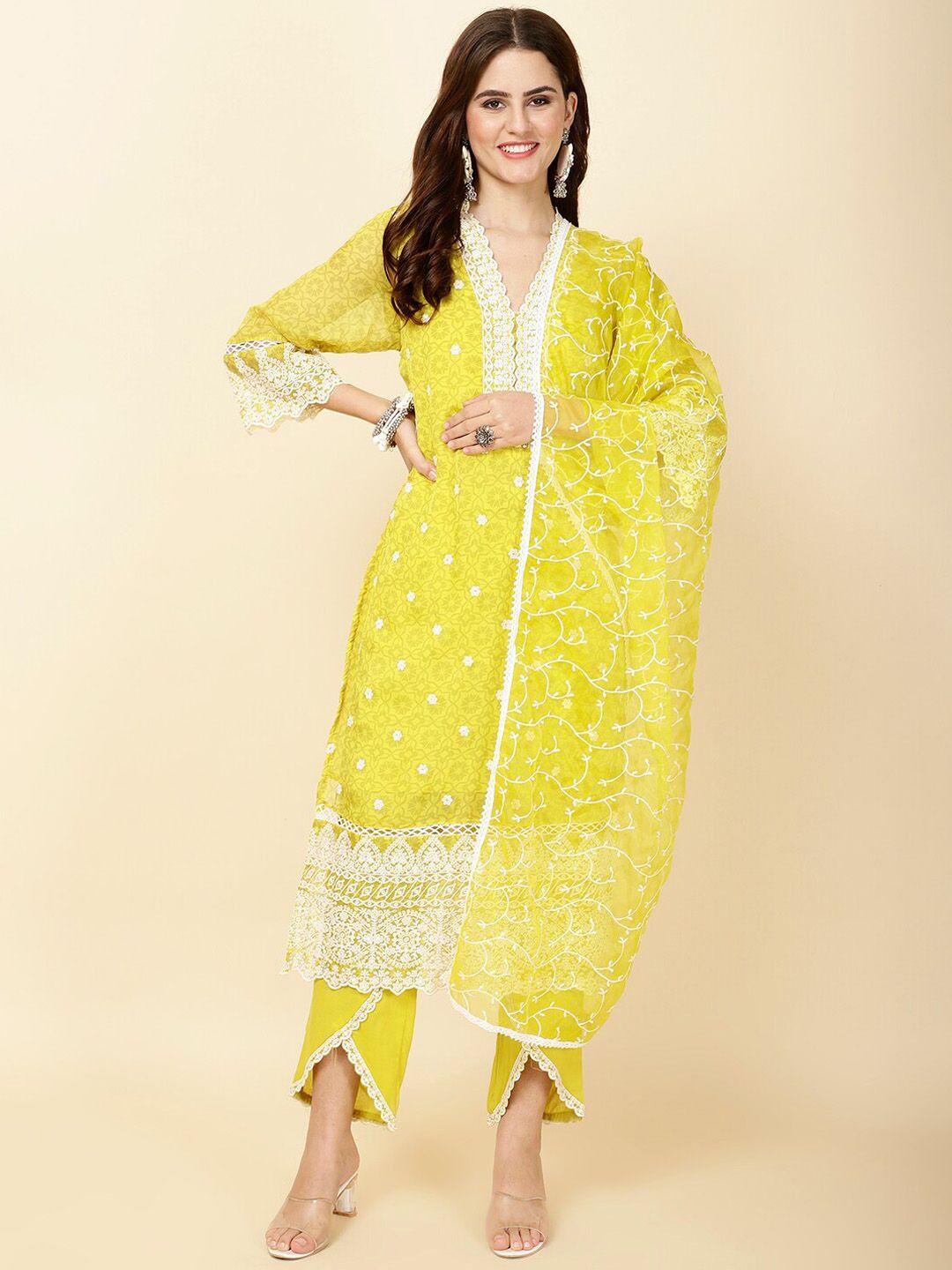 meena bazaar floral embroidered thread work straight kurta with trousers & dupatta