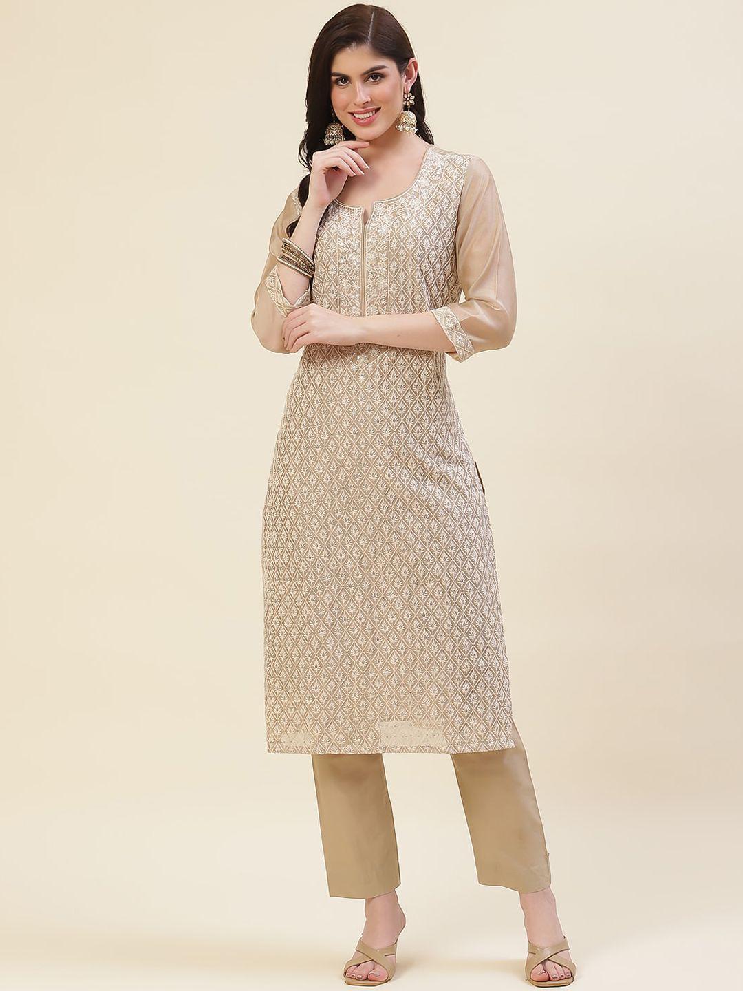 meena bazaar floral embroidered thread work straight kurta with trousers