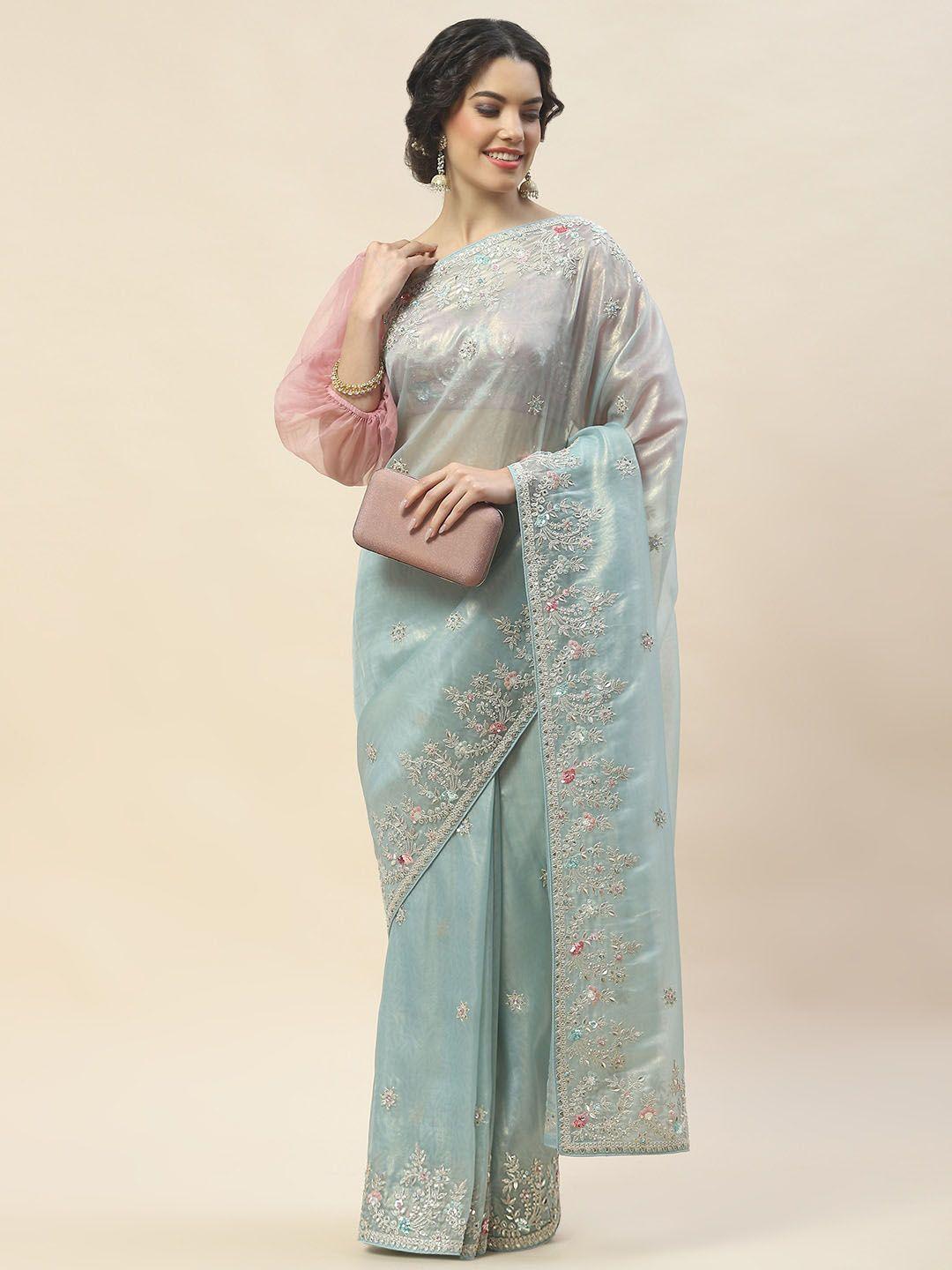 meena bazaar floral embroidered tissue saree