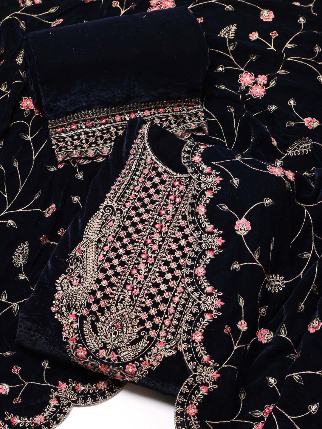 meena bazaar floral embroidered velvet unstitched dress material