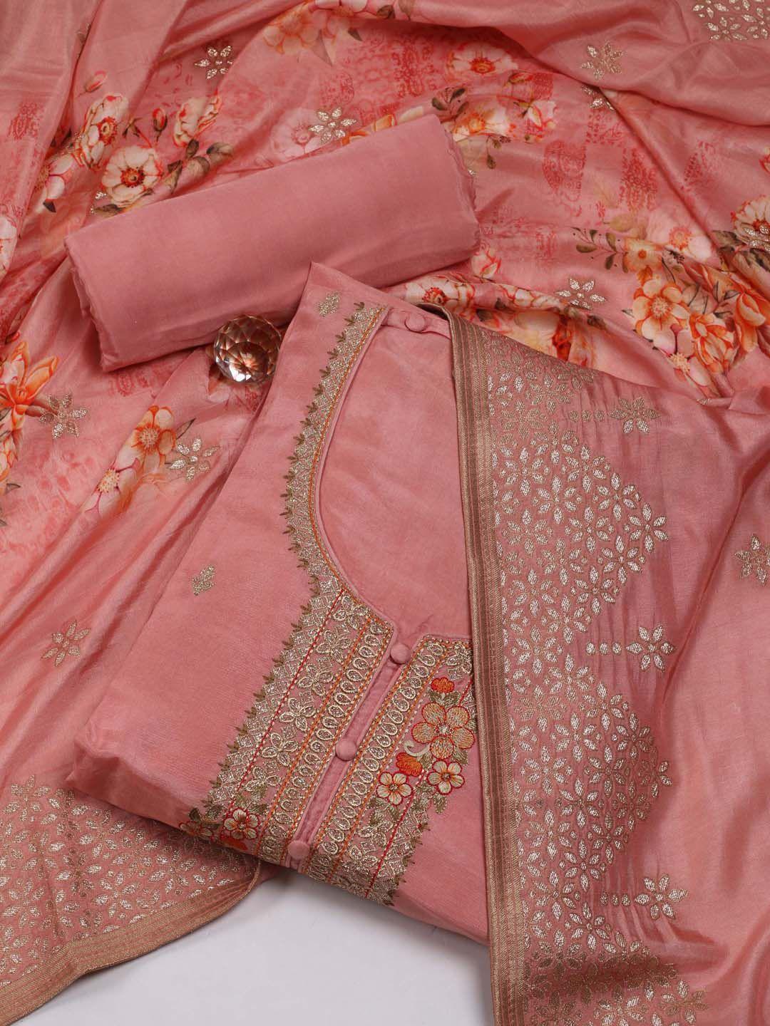 meena bazaar floral embroidered zari art silk unstitched dress material