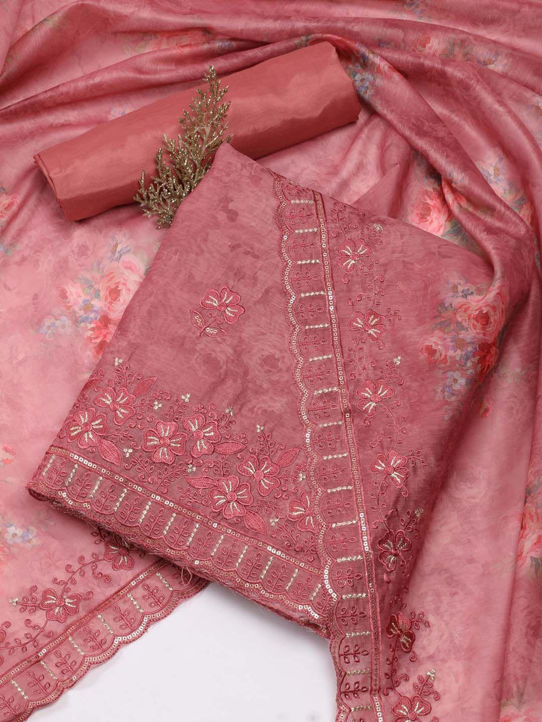 meena bazaar floral printed art silk unstitched dress material