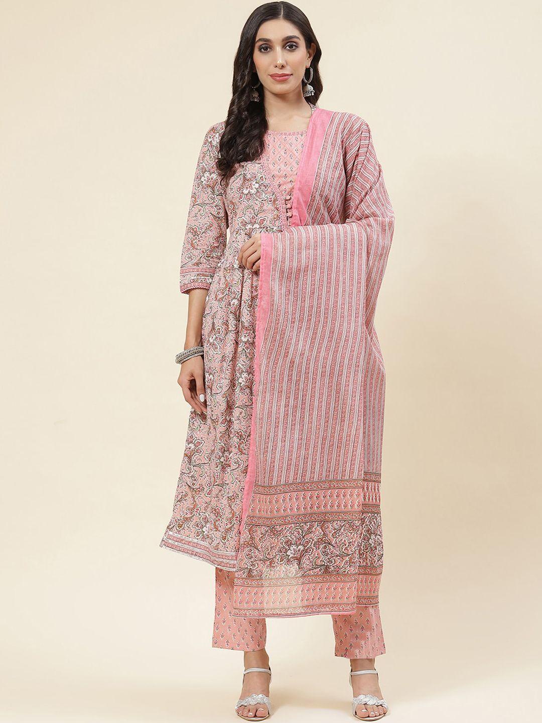meena bazaar floral printed empire kurta & trousers with dupatta