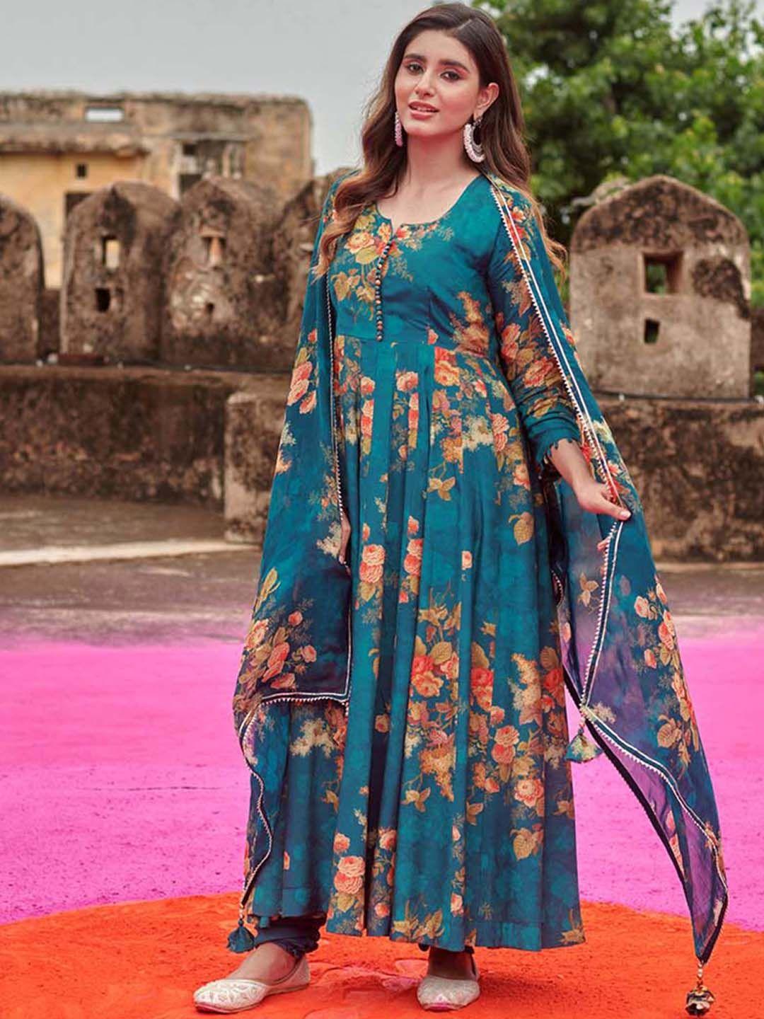 meena bazaar floral printed empire kurta with trousers & dupatta