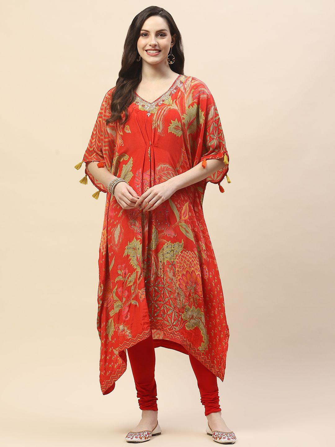 meena bazaar floral printed flared sleeves sequinned crepe kaftan kurta