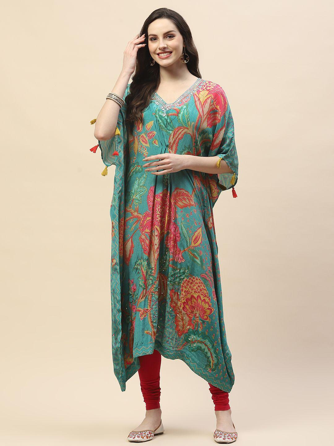 meena bazaar floral printed flared sleeves sequinned crepe kaftan kurta