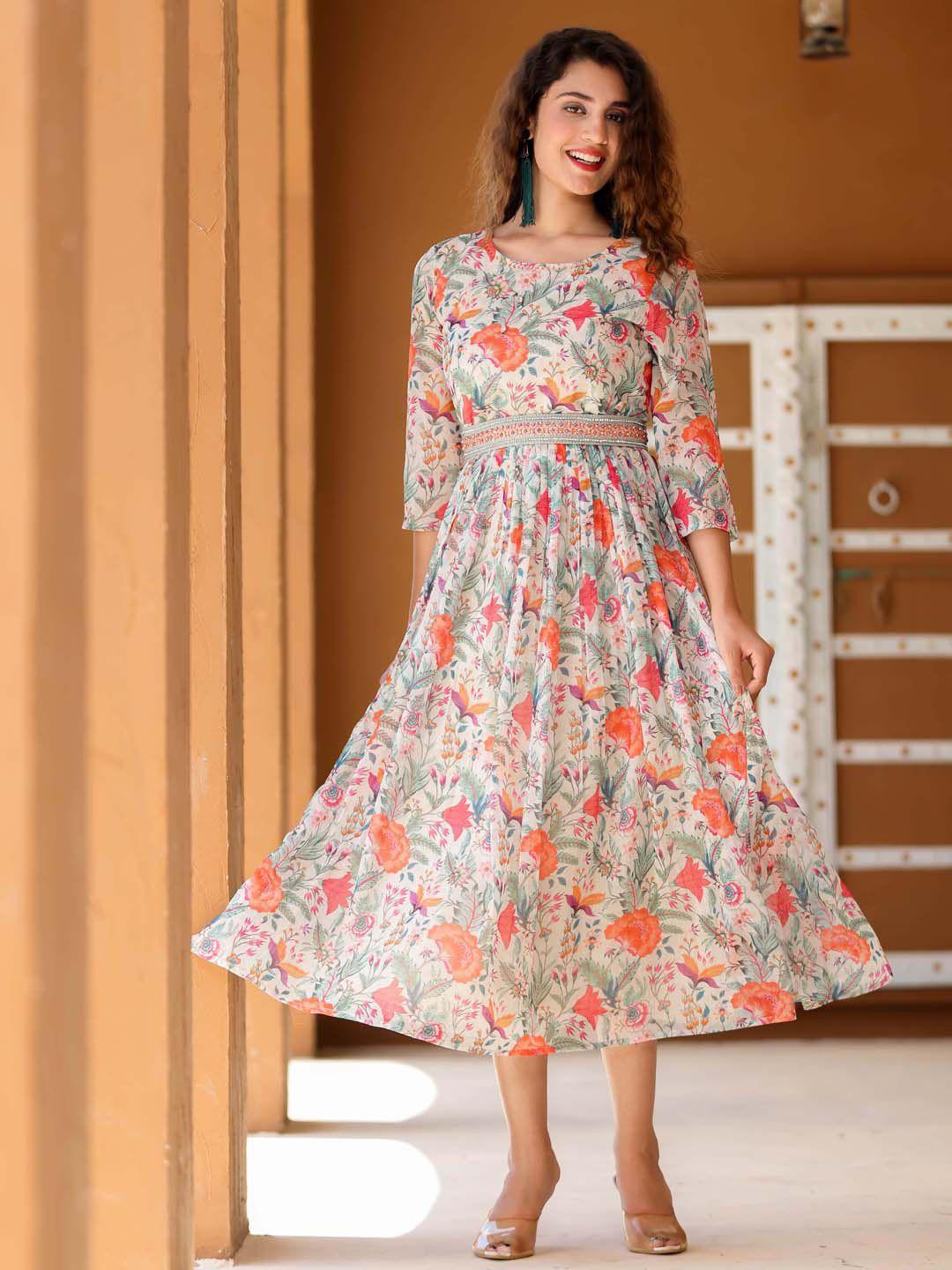 meena bazaar floral printed gathered georgette fit & flare dress with embellished belt