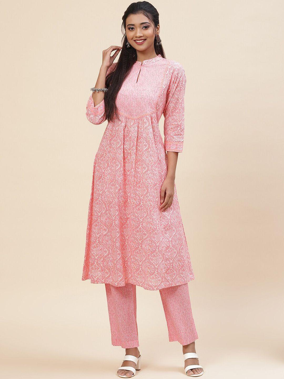 meena bazaar floral printed keyhole neck a-line pleated kurta with trousers